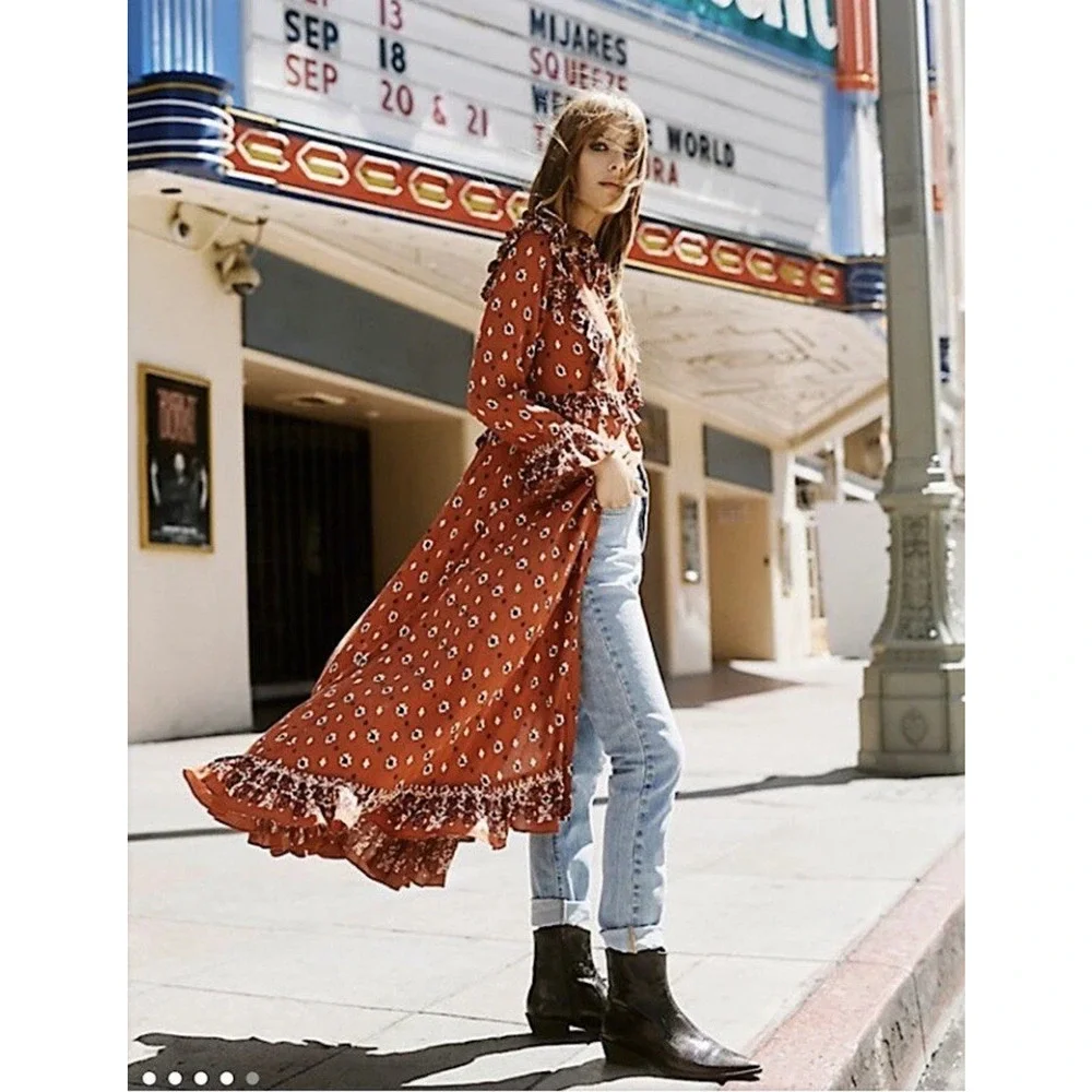 Free People Calico Skies Midi Dress Ruffle Button Boho Cottagecore Western Large - Picture 16 of 16